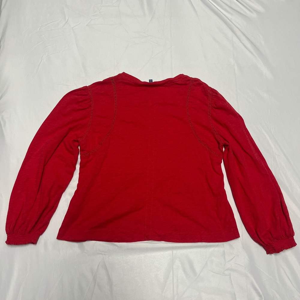 Democracy Womens Red Slub Knit Crochet Lace Trim Puff Sleeve Top Size L - Picture 5 of 6